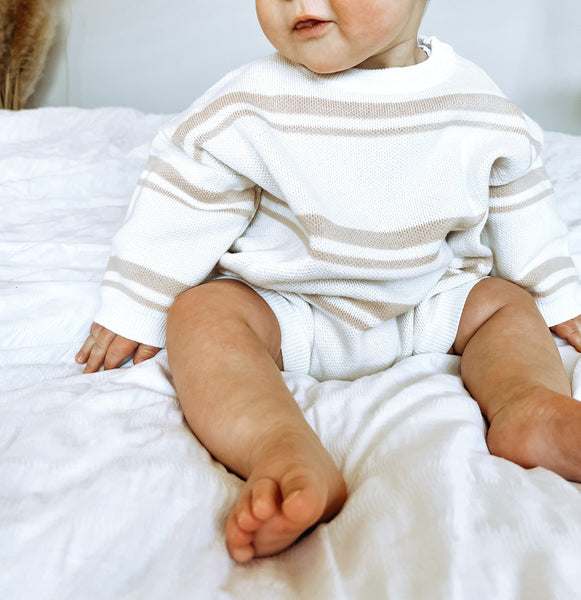 KNITTED STRIPED ROMPER | LATTE